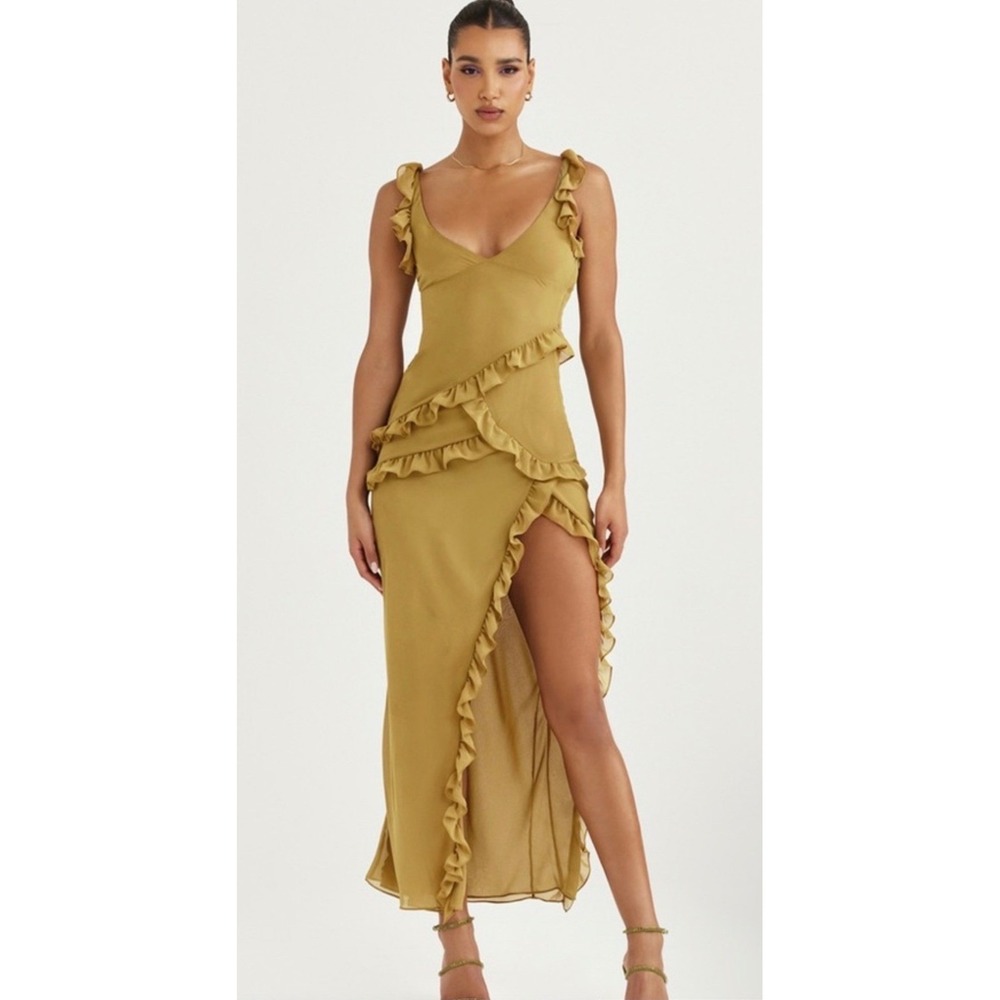 House‎ of CB Pixie Olive Ruffle Maxi Dress High Slit - M